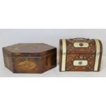 Georgian mahogany stationery box of hexagonal form with inlaid shell, vase and exotic bird patera