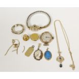 9ct gold circle brooch, another three pendants and a lady's 9ct watch, 1928 and various other items,