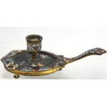 19th century French champlevé enamel, pietra dura and gilt metal chamberstick of lobed oval form