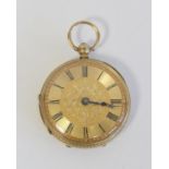 Lady's lever watch, unsigned with gold balance and engraved dial in 18ct gold o.f. case, 1886, 37mm.