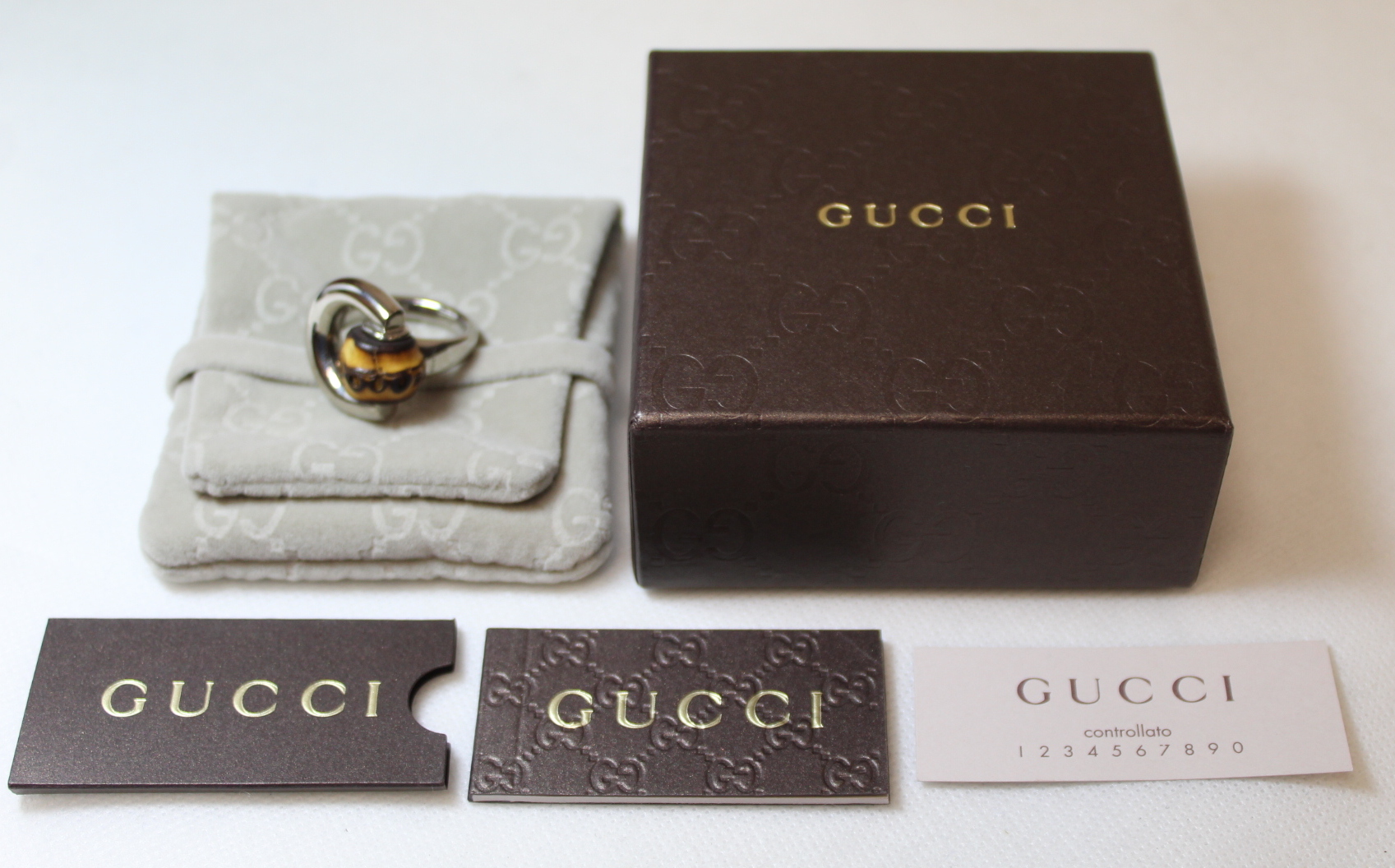 Gucci bamboo and silver horse bit ring, stamped 925. Size P½. With jewellery pouch and box. - Image 6 of 6
