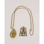 9ct gold pendant of openwork tapering shape and a similar oval locket with necklet. 16g.