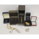 9ct gold bracelet, two rings, a pair of earrings (12.7g), a sixpence necklet, a silver bracelet