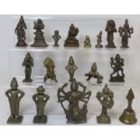 Collection of seventeen Indian bronze and brass murti or deity figures, the largest 10cm high, the