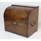 Early 19th century mahogany decanter box with hinged cylinder lid, twin brass handles, knops and