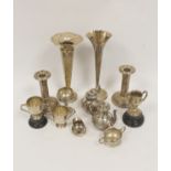 E.p.b.m. toy coffee and tea set, two silver vases, a pair of similar candlesticks, loaded, four