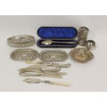 A pair of embossed silver pin trays 1901, another, a  Christening spoon 1880, cased, and nine