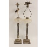 Pair of oil lamps with silver Corinthian columns Sheffield 1901 with cut glass receivers, adapted