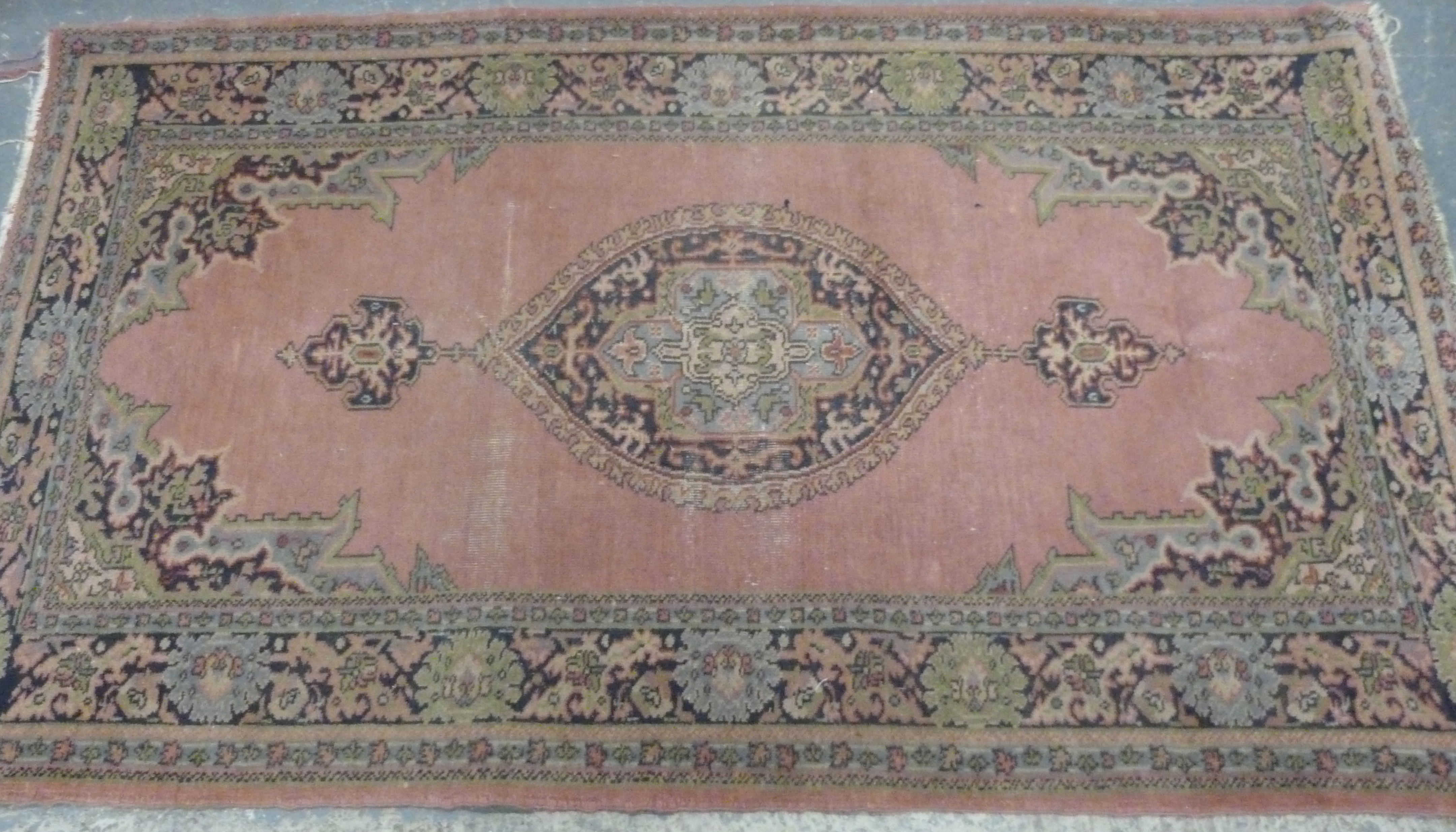 Eastern pink and green wool rug with floral medallion, 186cm x 109cm. - Image 2 of 5