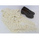 Pair of antique clogs with leather uppers and a crocheted cream wool shawl. (2).