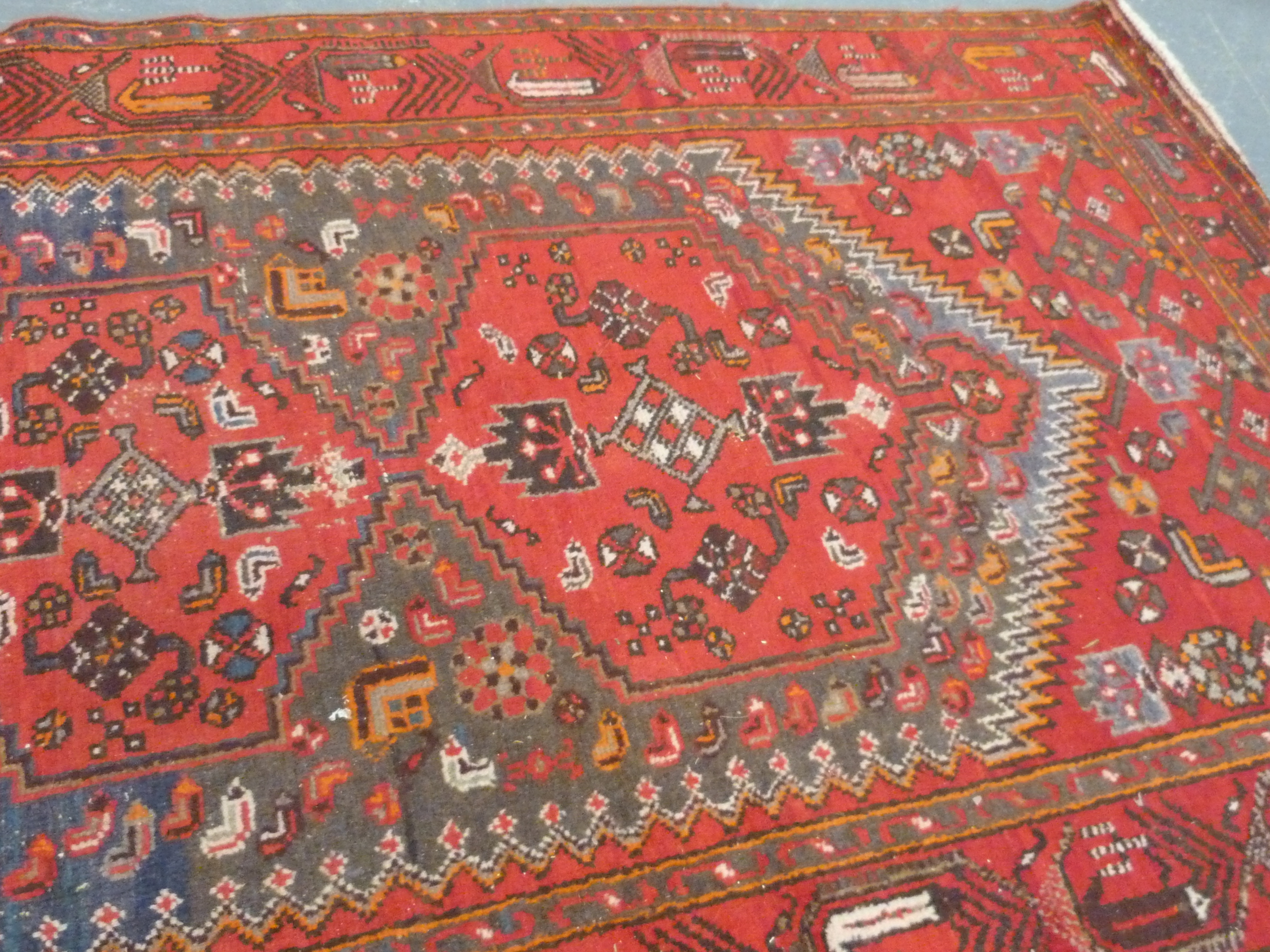 Persian wool carpet with double hexagonal medallions in hexagonal lozenge on red field, 213cm x - Image 3 of 4