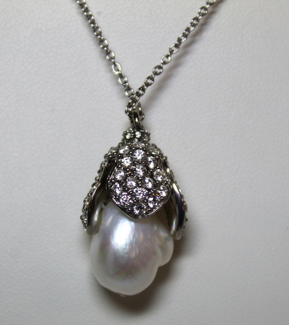 Balenciaga Mother of Pearl and white crystal necklace in the form of a flower bud. Boxed with - Image 3 of 6