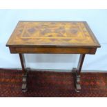 Continental parquetry topped side table raised on squared cheval supports, 74cm x 48cm