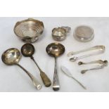 Three silver ladles, two tongs, silver bowl, a small bleeding bowl and a hair tidy,