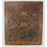Late 19th/early 20th century rectangular leather panel with incised and painted decoration depicting