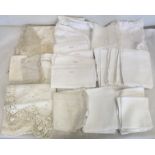 Small collection of 19th century and later table and bed linen including damask hand towels dated