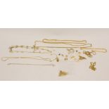 Gold filed curb necklet '375', with charm '750' and various other items, necklets and earrings, 11.