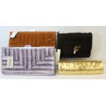 Two Dune 'Maida' ruffle detail clutch bags in tan and pewter; a smaller Dune gold woven leather