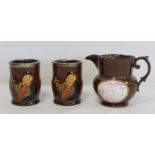 Pair of Royal Doulton Kingsware pottery beakers with silver rims and moulded decoration depicting