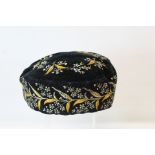 19th or early 20th century Victoria black velvet smoking cap with silk embroidered floral decoration