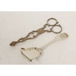 Silver sugar tongs probably by Jury and Adams c1760 and a caddy spoon, fiddle pattern by Thomas