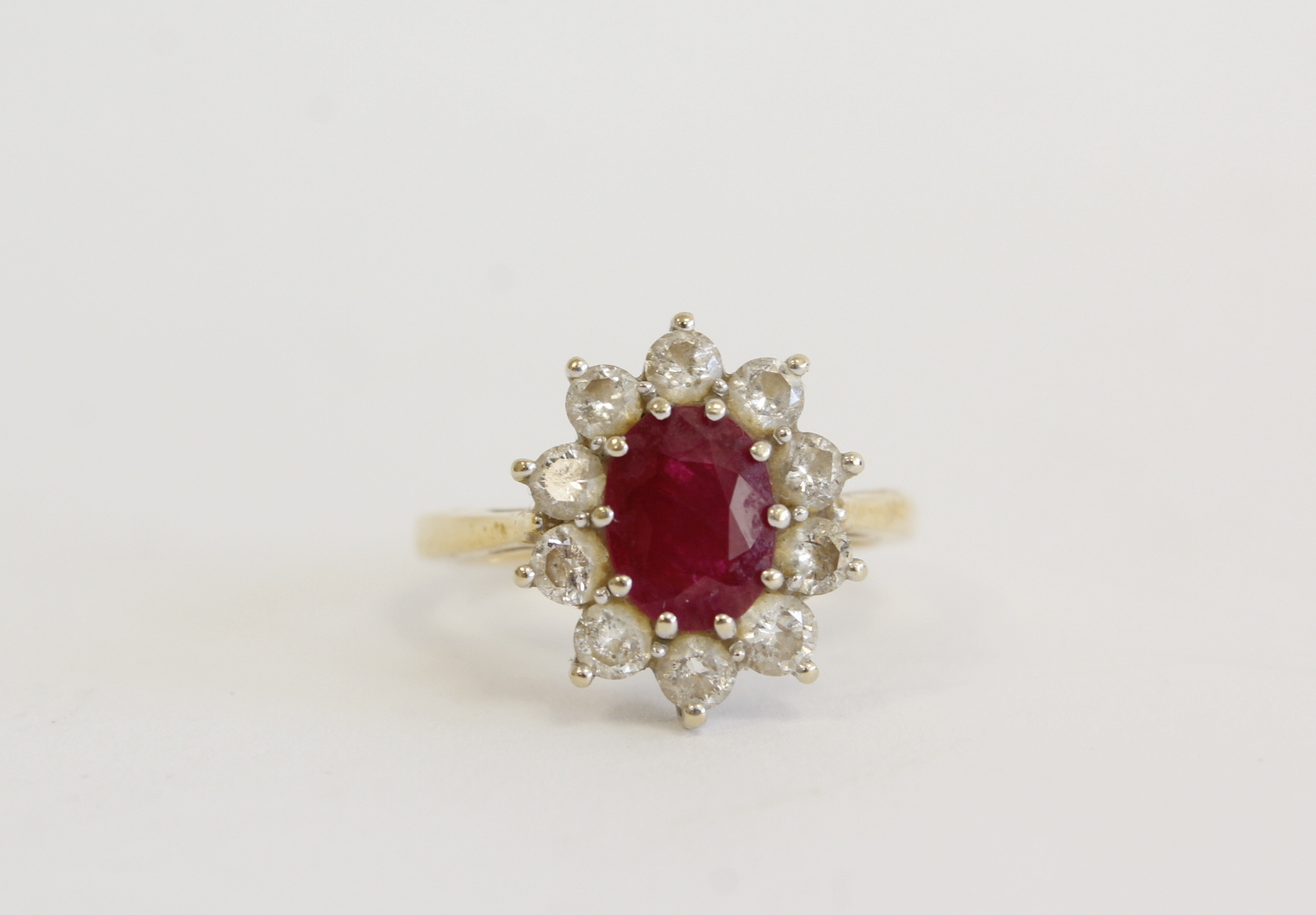 18ct gold cluster ring with oval ruby approx 1.5ct and diamonds Size N - Image 2 of 5