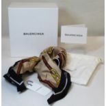 Balenciaga silk twill wrapped metal cuff or bracelet, with taupe 'Vintage Chain' pattern scarf.
