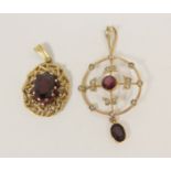 Gold pendant with pearls and garnets and a similar pendant. (2).