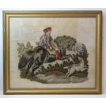 19th century petit point tapestry picture of a kilted boy out riding with his dog, worked in