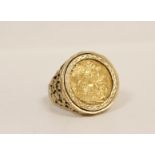 Sovereign ring, 1899 detachable 9ct gold pierced mount. Gross 20g. Size 'X'.
