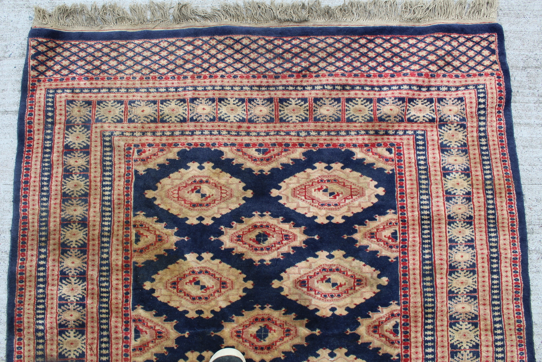 Eastern wool rug with multiple hooked octagonal medallions on blue field, 201cm x 124cm. - Image 5 of 12