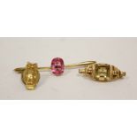 Gold gem pin, a similar brooch (both probably 14ct) and an owl pin. (3).