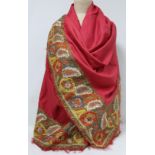 19th century English 'turnover' shawl, the red silk field with applied polychrome woven borders of