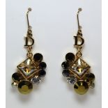 Pair of Christian Dior crystal drop earrings with D motif, 5cm drop. Boxed with pouch.
