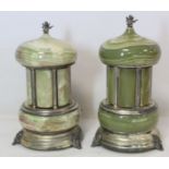 Near matching pair of Reuge green onyx musical carousel cigar or cigarette dispensers of cylindrical