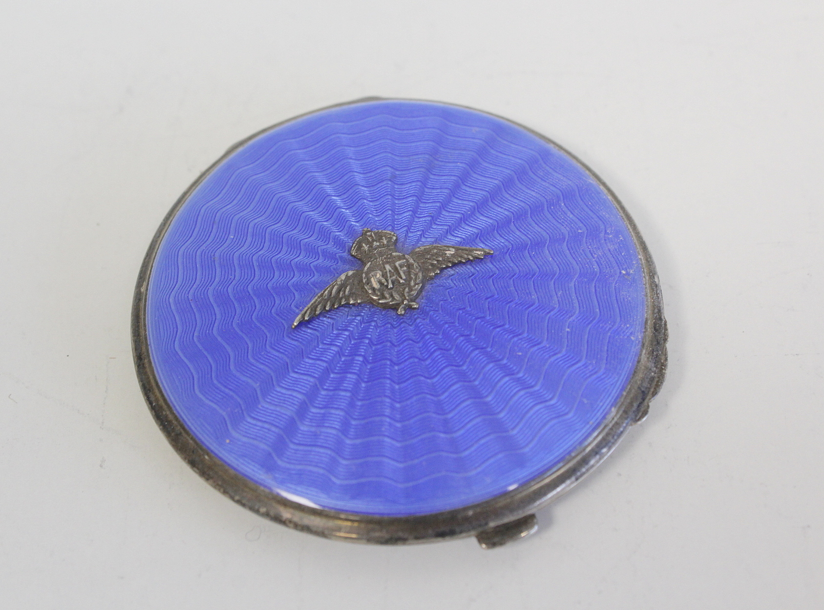 Silver circular compact with blue enamel and RAF badge 1937, another similar, a cigarette case and - Image 2 of 4