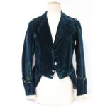Early 20th century green velvet kilt jacket with lace trimmed cuffs, applied black braid and white