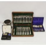 Set of e.p. dessert cutlery cased, a magnum holder and various silver and other spoons.