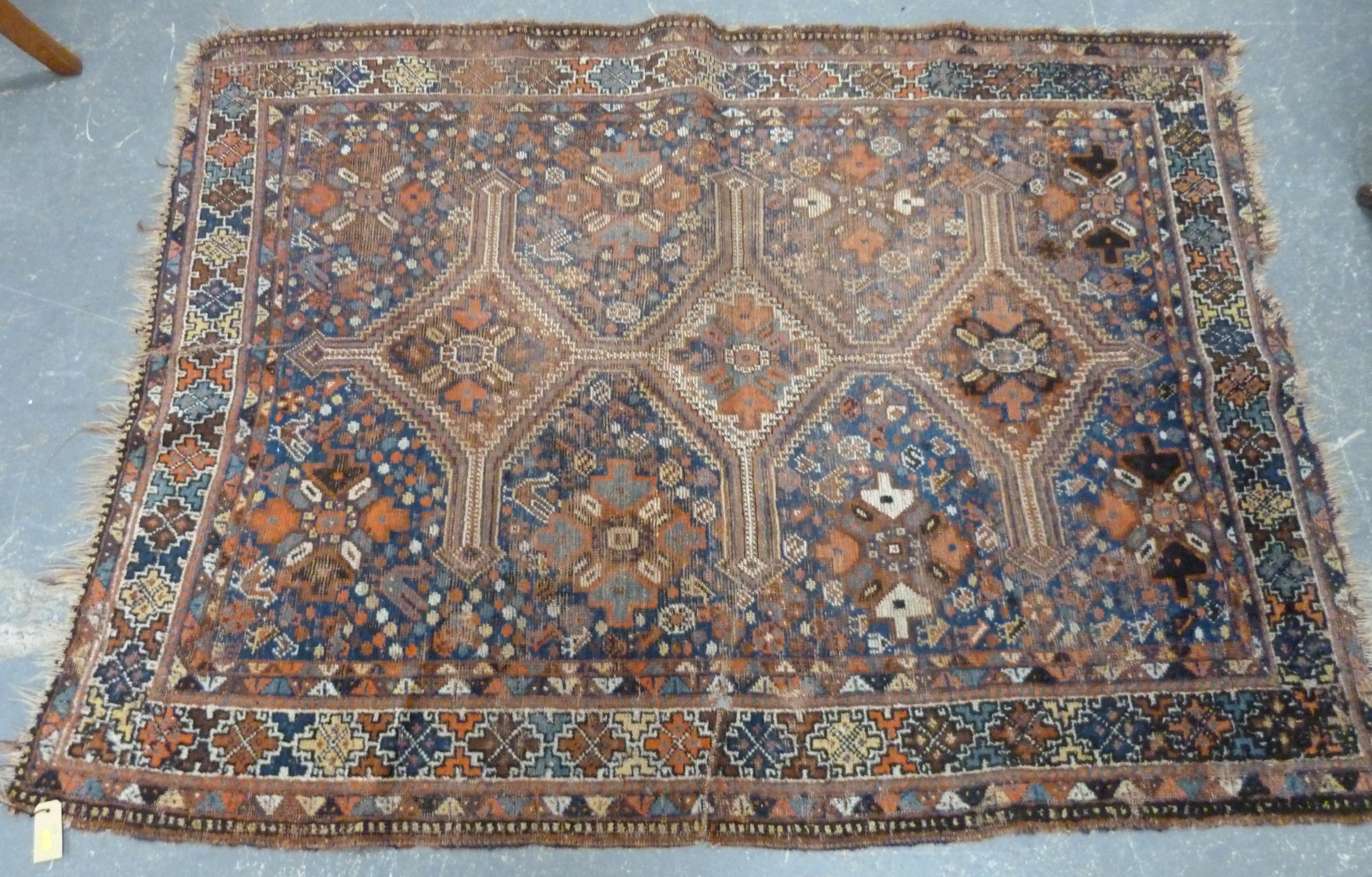 Persian wool rug with central triple diamond lozenge, some wear, 175cm x 130cm. - Image 2 of 3