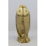 Late 19th/early 20th century Chinese ivory snuff bottle of double carp form, lacking stopper, 8cm