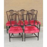Set of five early 19th century dining chairs, arched back, pierced splats, upholstered seats on