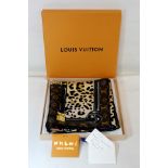 Louis Vuitton Leopard Print Confidential silk scarf with monogram and leopard print panels and