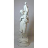 Victorian or Edwardian white Parian figure of a classical woman holding an amphora on circular