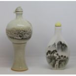 20th century Chinese Republic "Landscape in Snow" porcelain pedestal snuff bottle with matching