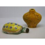19th century Chinese yellow ochre glazed 'double fish' porcelain snuff bottle, lacking stopper,