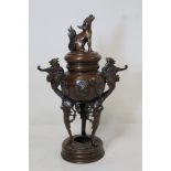 Japanese Meiji period bronze censer with twin phoenix handles, moulded floral panels on three mask