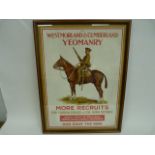 WESTMORLAND & CUMBERLAND YEOMANRY.  An original WWI recruiting poster, "Please apply at Drill
