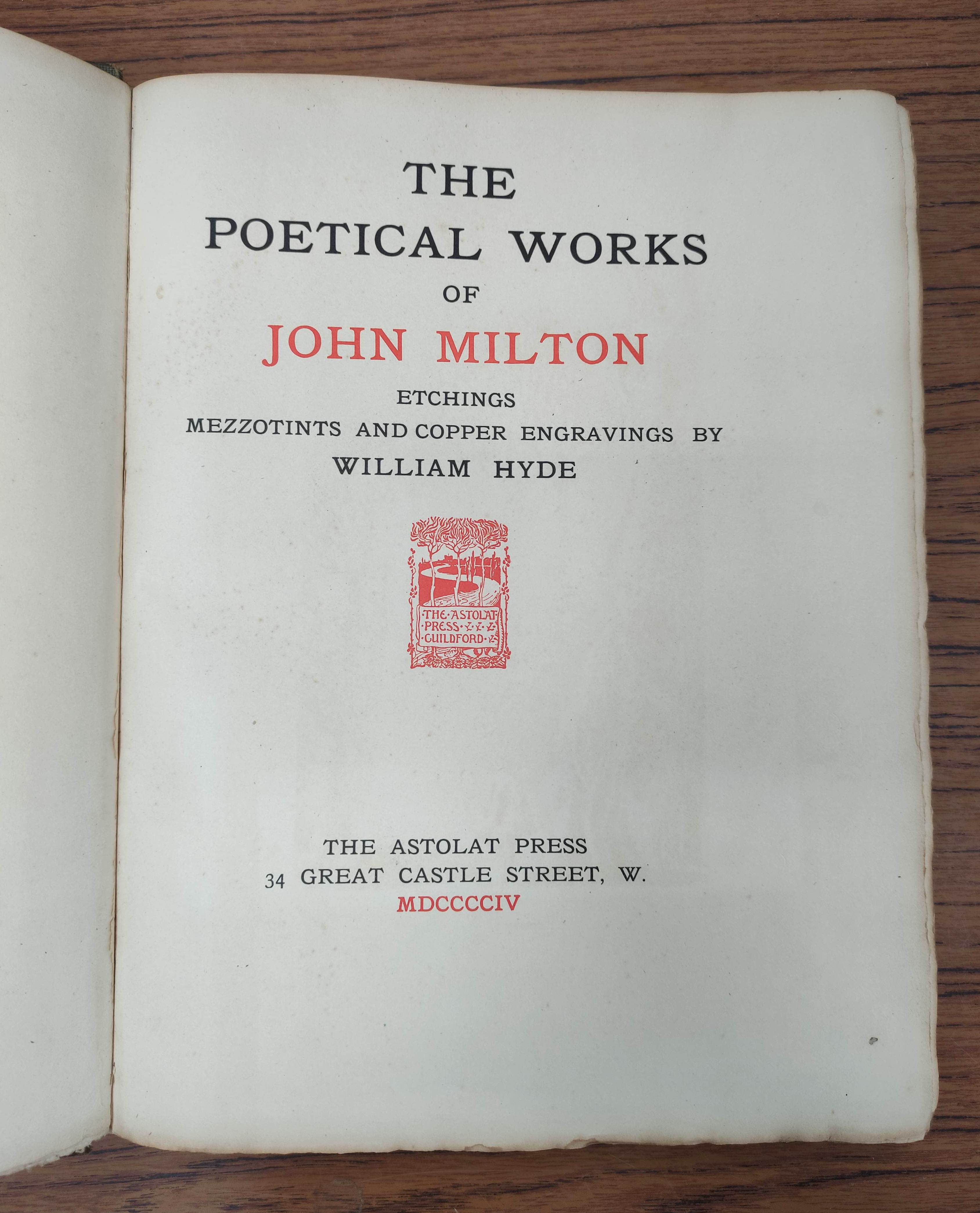 HYDE WILLIAM. (Illus).  The Poetical Works of John Milton. Etchings, mezzotints & engs. Quarto. - Image 4 of 8