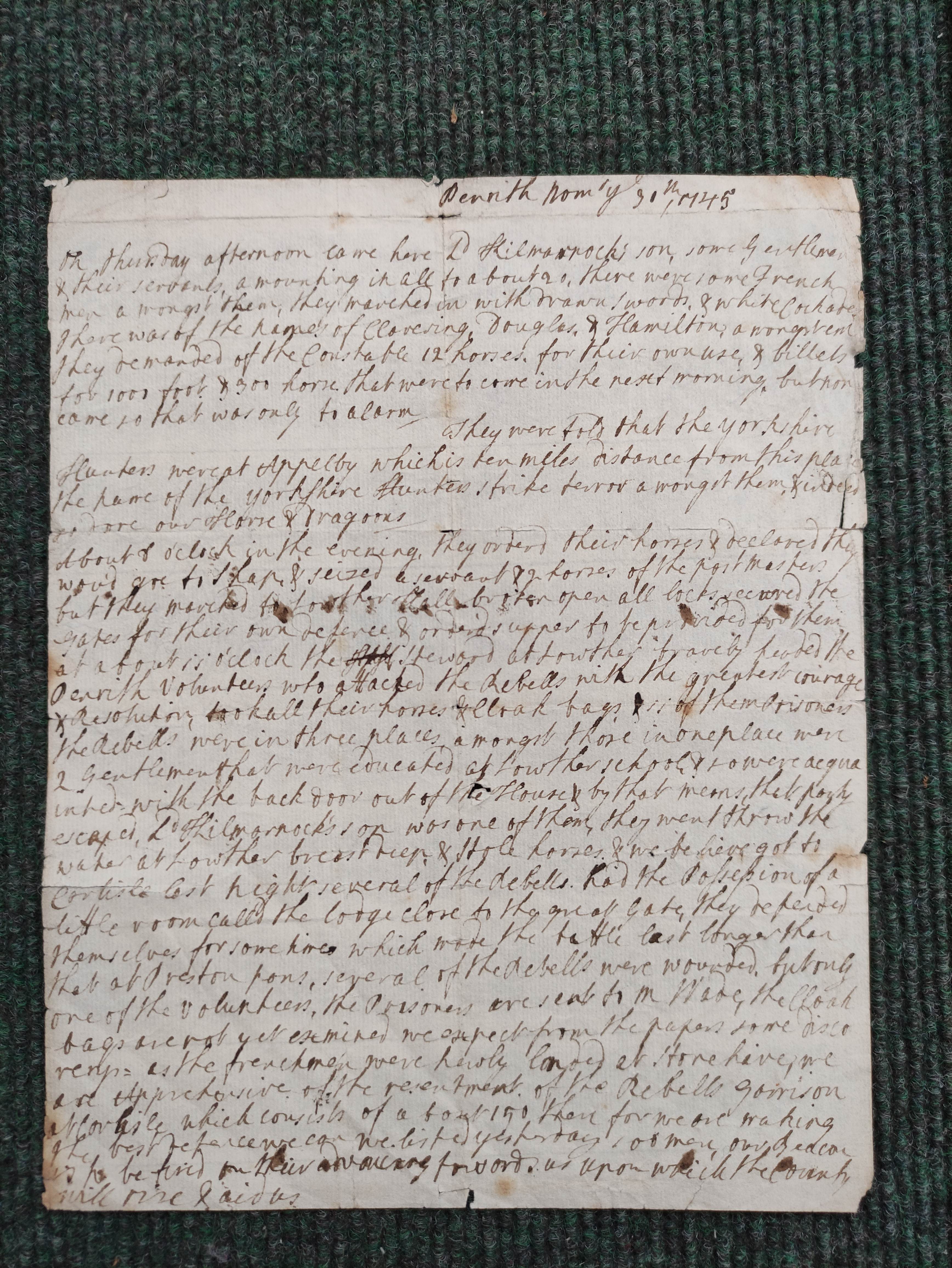 Jacobite interest, Penrith.  Single sided manuscript leaf (tear at folds), giving an account of - Image 5 of 6