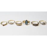Two diamond rings, another with pearls and three others, various, mostly 9ct.  (6)